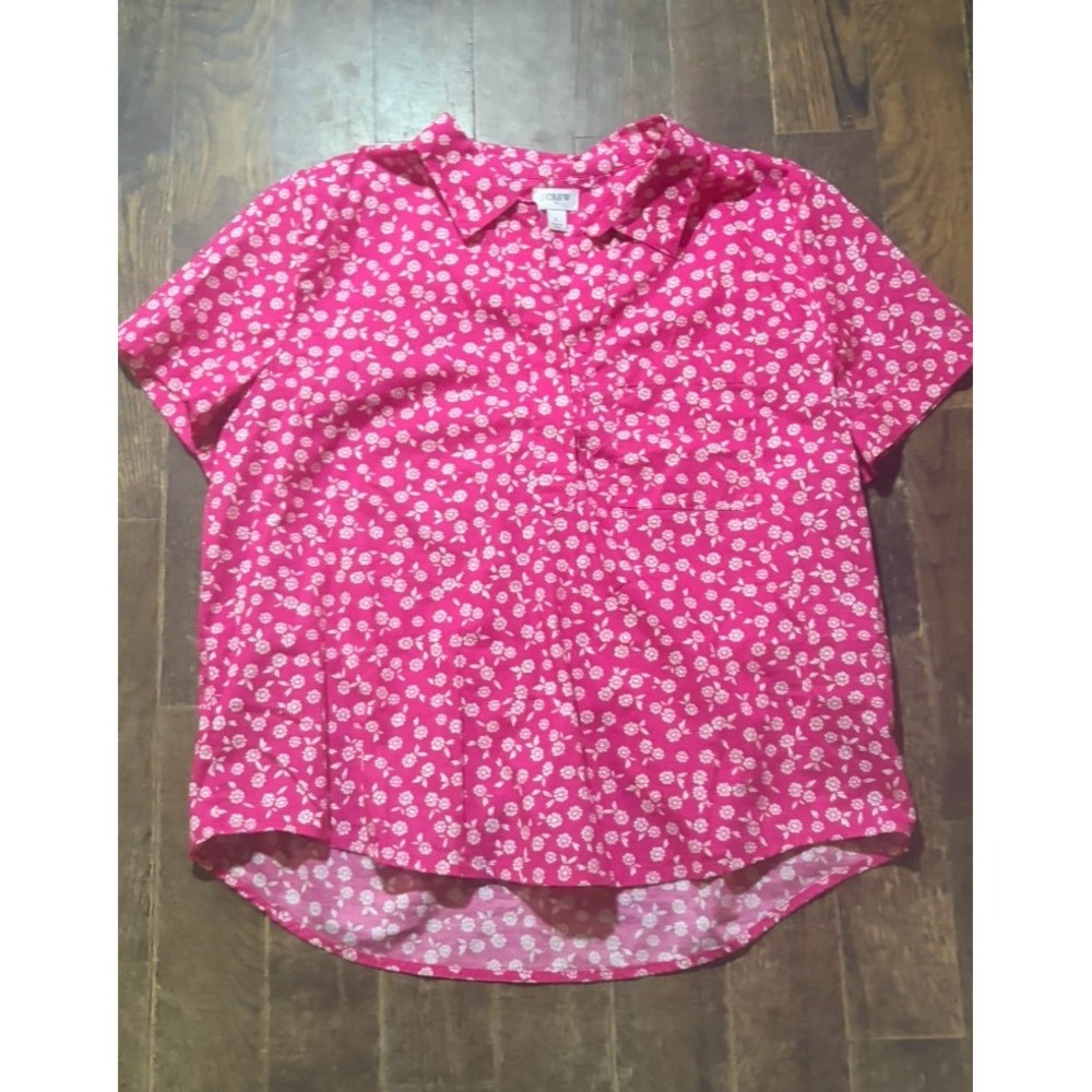 J.CREW Women's Pink White Floral Collared Button Short Sleeve Blouse Size Large